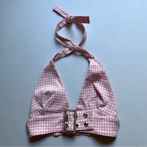 ANGEL LA pink white gingham check plaid crystal gem buckle halter crop backless - Picture 1 of 7